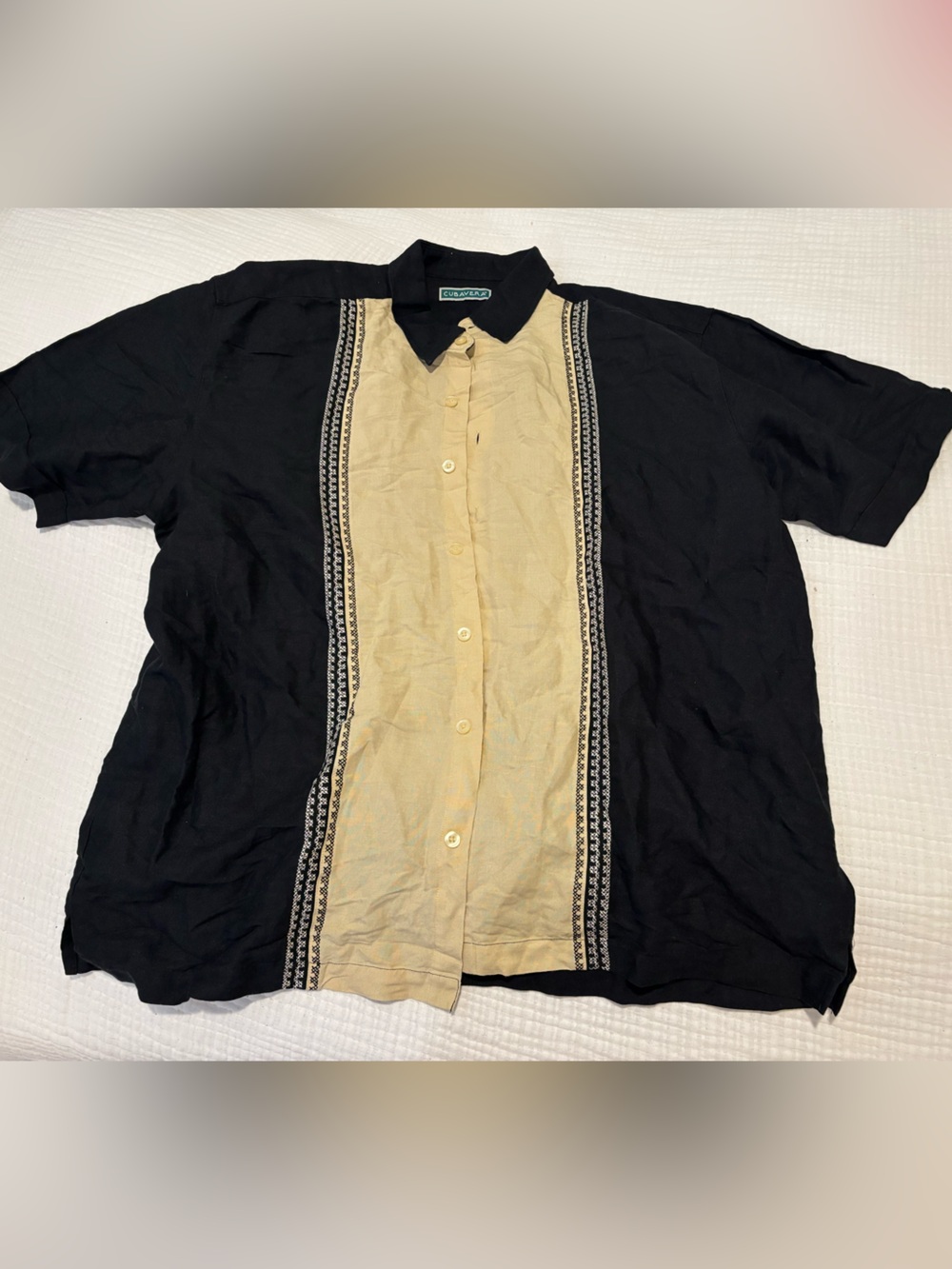 Vintage Cubavera Black Short Sleeve Shirt Jacket with Cream Center Panel